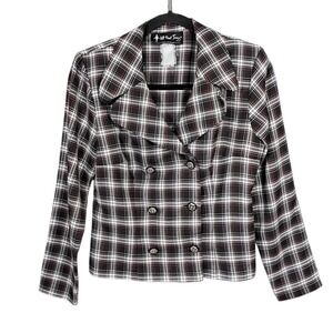 VTG 80s Black Red Plaid Preppy Double Breasted Crop Blazer Top M Clueless USA